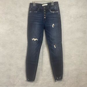 KanCan High Rise Distressed Jeans in Dark Blue Cow Patched